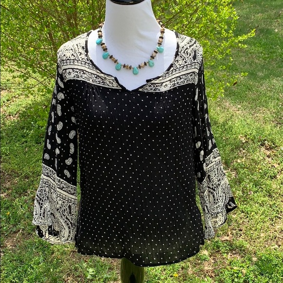 Angie Tops - ANGIE black & white bohemian paisley peasant top S